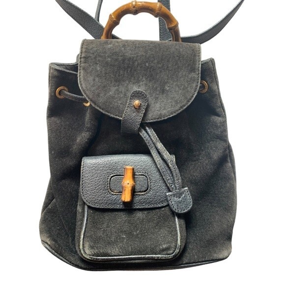 GUCCI Black Leather Suede Bamboo Mini Backpack Adjustable Strap Handbag Purse - Picture 10 of 10
